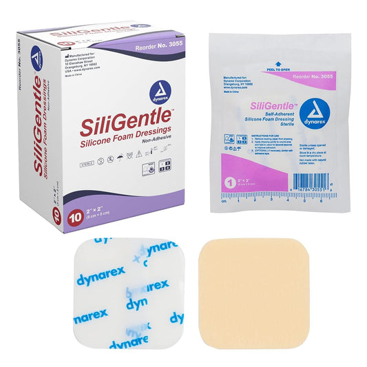 Dynarex SiliGentle 3055 Foam Dressings, Advanced Wound Care, Waterproof, 2” x 2” Foam Pad Dressing with Silicone Layer, 1 Box of 10 Non-Adhesive Silicone Foam Dressings