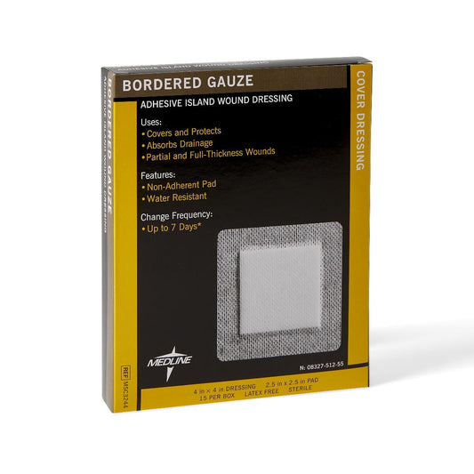 Medline Bordered Gauze, Adhesive Island Wound Dressing, Sterile, 4"x4", 15 Count