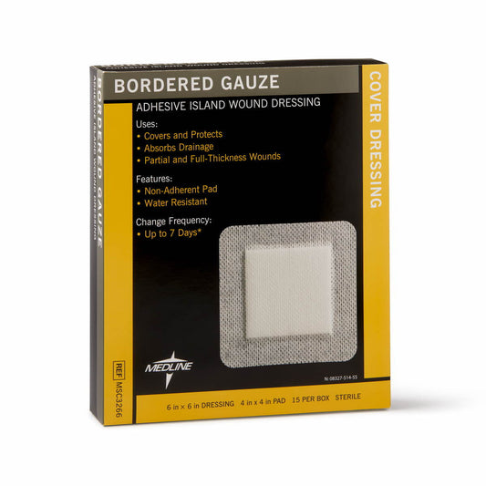 Medline Bordered Gauze, Adhesive Island Wound Dressing, Sterile, 6"x6", 15 Count